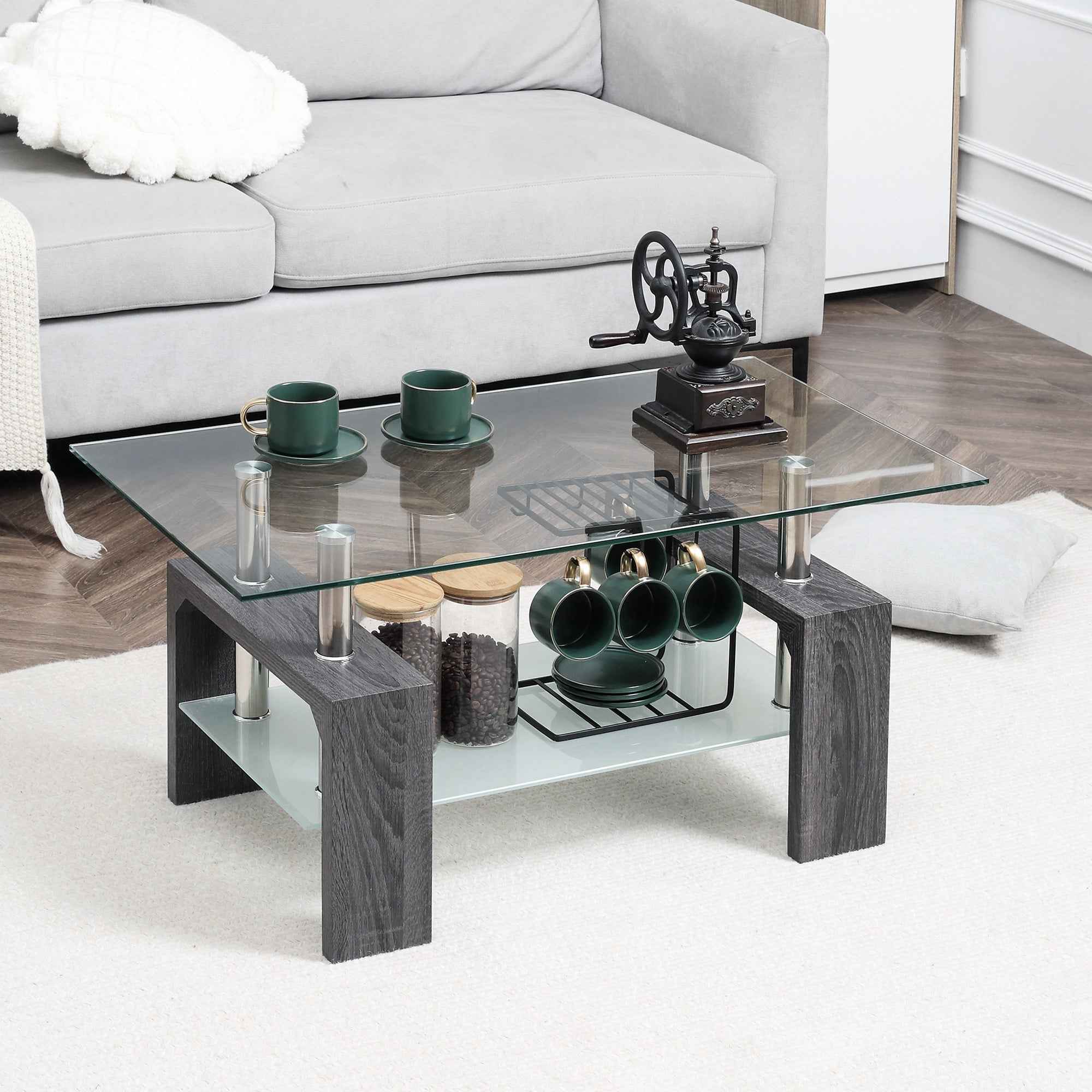 Sutton Rectangular Glass Coffee Table with Tempered Glass Top-Grey