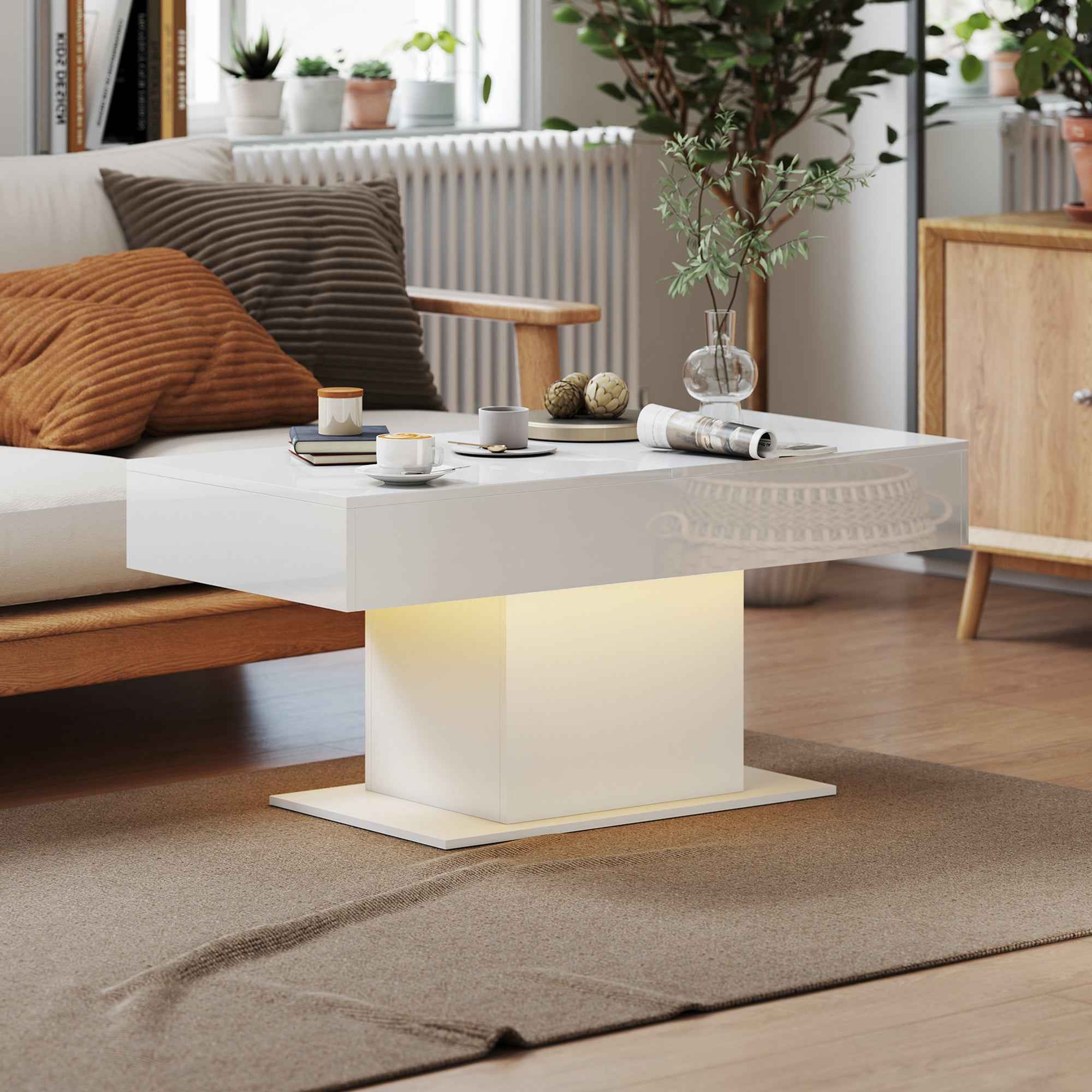 Halston Extendable Coffee Table with LED Lights and Hidden Storage-White