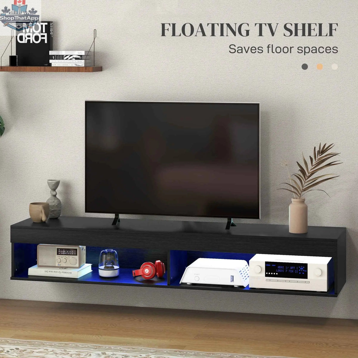 Modern black SLOTH Nation wall-mounted TV stand with storage compartments and integrated LED lights for living room decor.