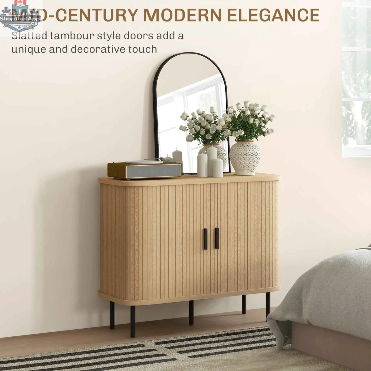 Oak Aspen sideboard buffet cabinet with slatted tambour doors, 35.4-inch SLOTH Nation cabinet for storage and display.