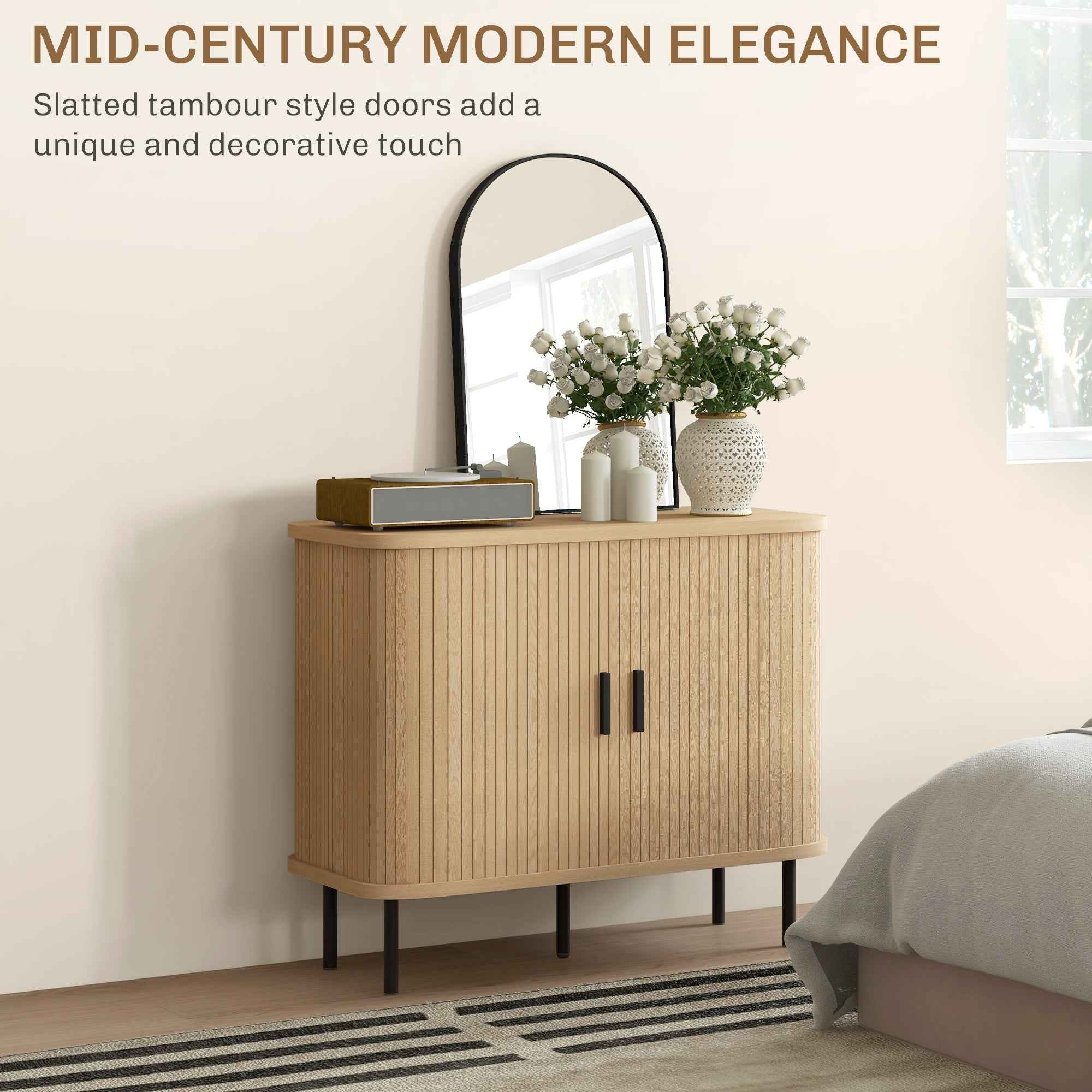 Aspen 35.4" Sideboard Buffet Cabinet with Slatted Tambour Doors-Oak