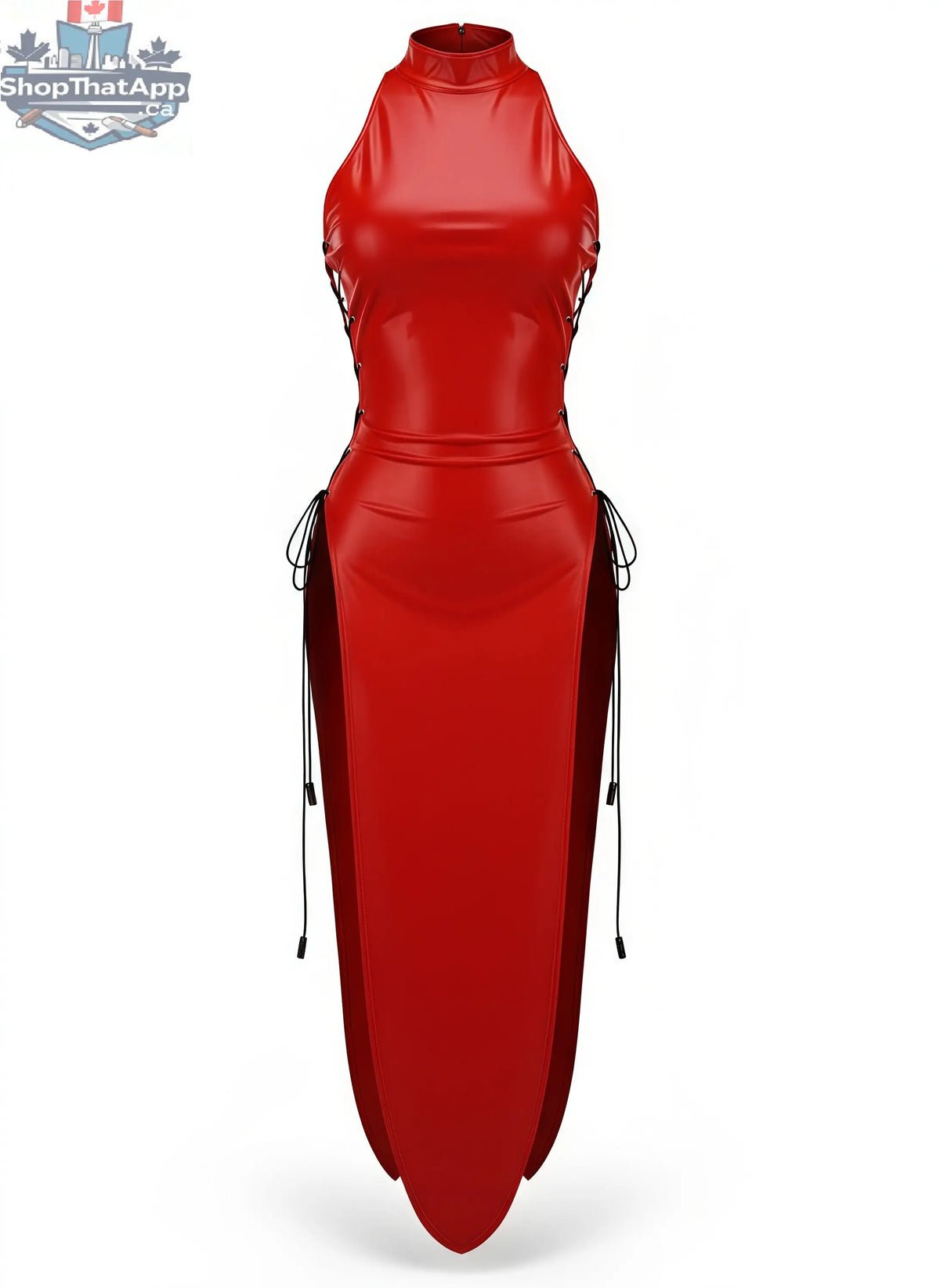 Red vintage cheongsam lingerie satin and PU leather sexy party dress by MRJCOS displayed on a mannequin.