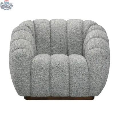 Grey textured boucle Riro swivel accent chair by Hygge Design House with modern, cozy design and swivel base.