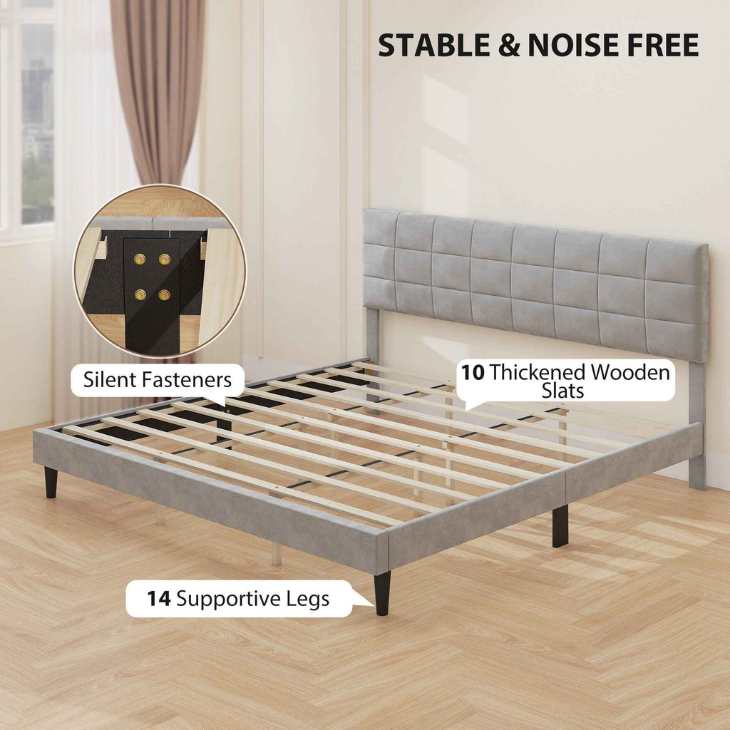 Harper King Size Platform Bed Frame with Upholstered Headboard-Grey