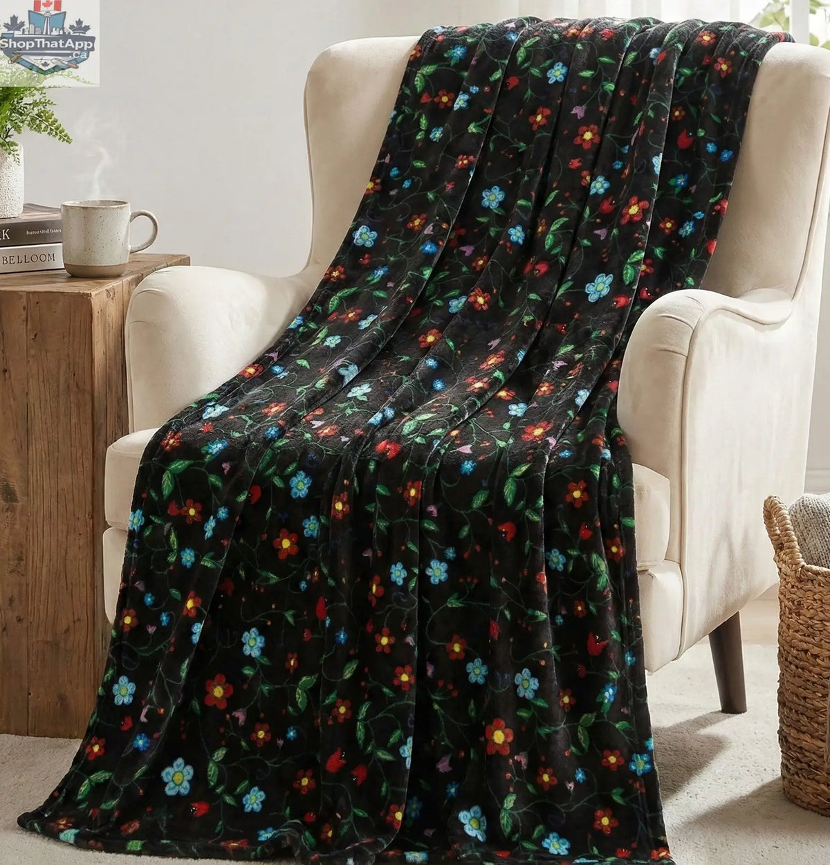 Anishinaabe Enchantment" black Floral Plush Throw Blanket - Shopthatapp.ca