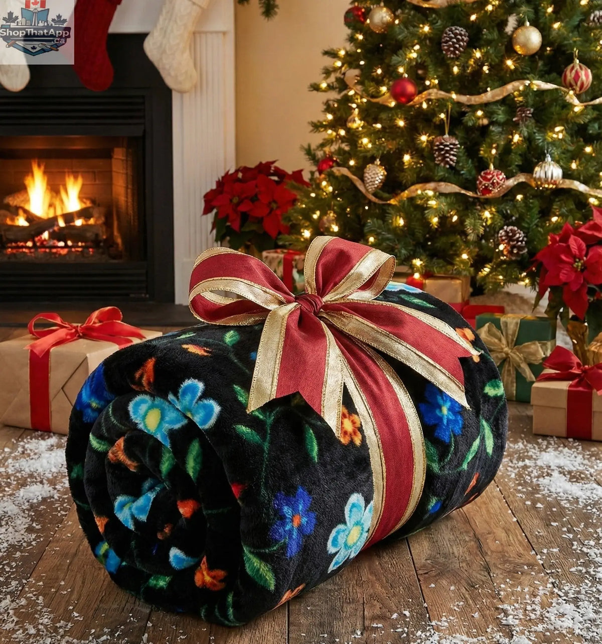 Anishinaabe Enchantment" black Floral Plush Throw Blanket - Shopthatapp.ca