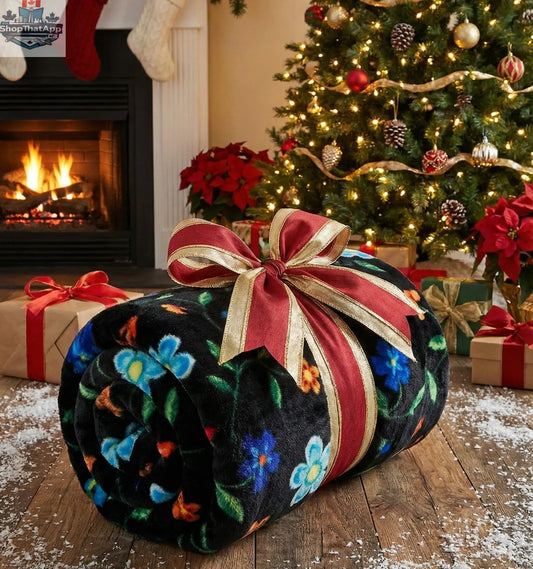 Anishinaabe Enchantment" black Floral Plush Throw Blanket - Shopthatapp.ca