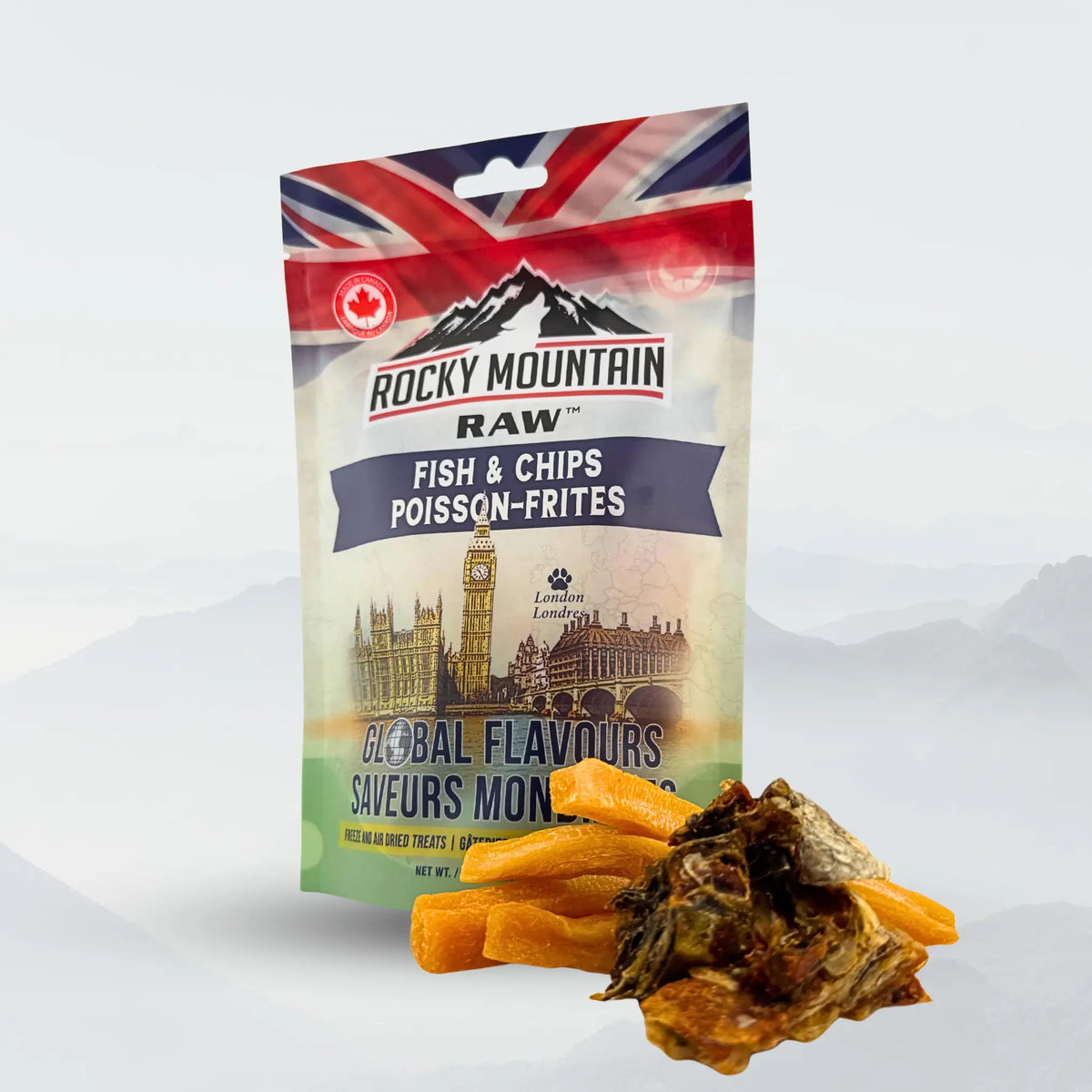 Rocky Mountain Raw British Fish and Chips box featuring traditional fish and crispy chips in a classic UK-style packaging.