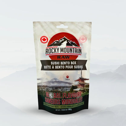 ROCKY MOUNTAIN RAW Japanese Bento Box featuring a traditional design with compartments for rice, vegetables, and sushi.