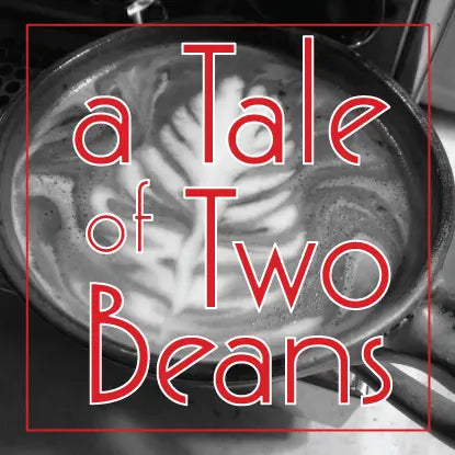 A close-up of Rose N Crantz Roasting Co's A Tale of Two Beans House Blend coffee bag with coffee beans spilling out.