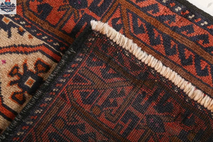 Persian Quchan Kurd rug in blue and beige with intricate geometric patterns, measuring 2' 10" x 6' 9", from Rug the Rock.