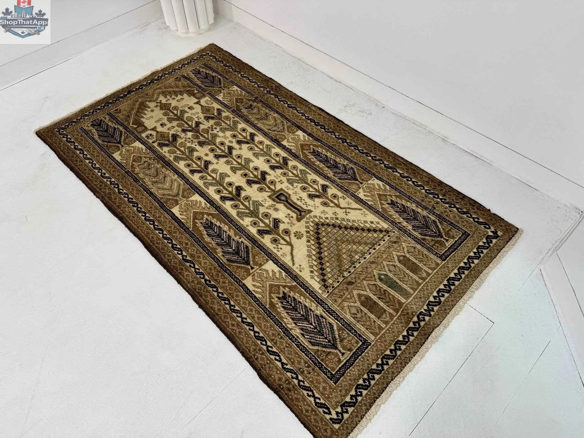 Persian Baluch Rug by Rug the Rock with intricate geometric patterns in rich colors, measuring 3' 5” by 6' 1”.