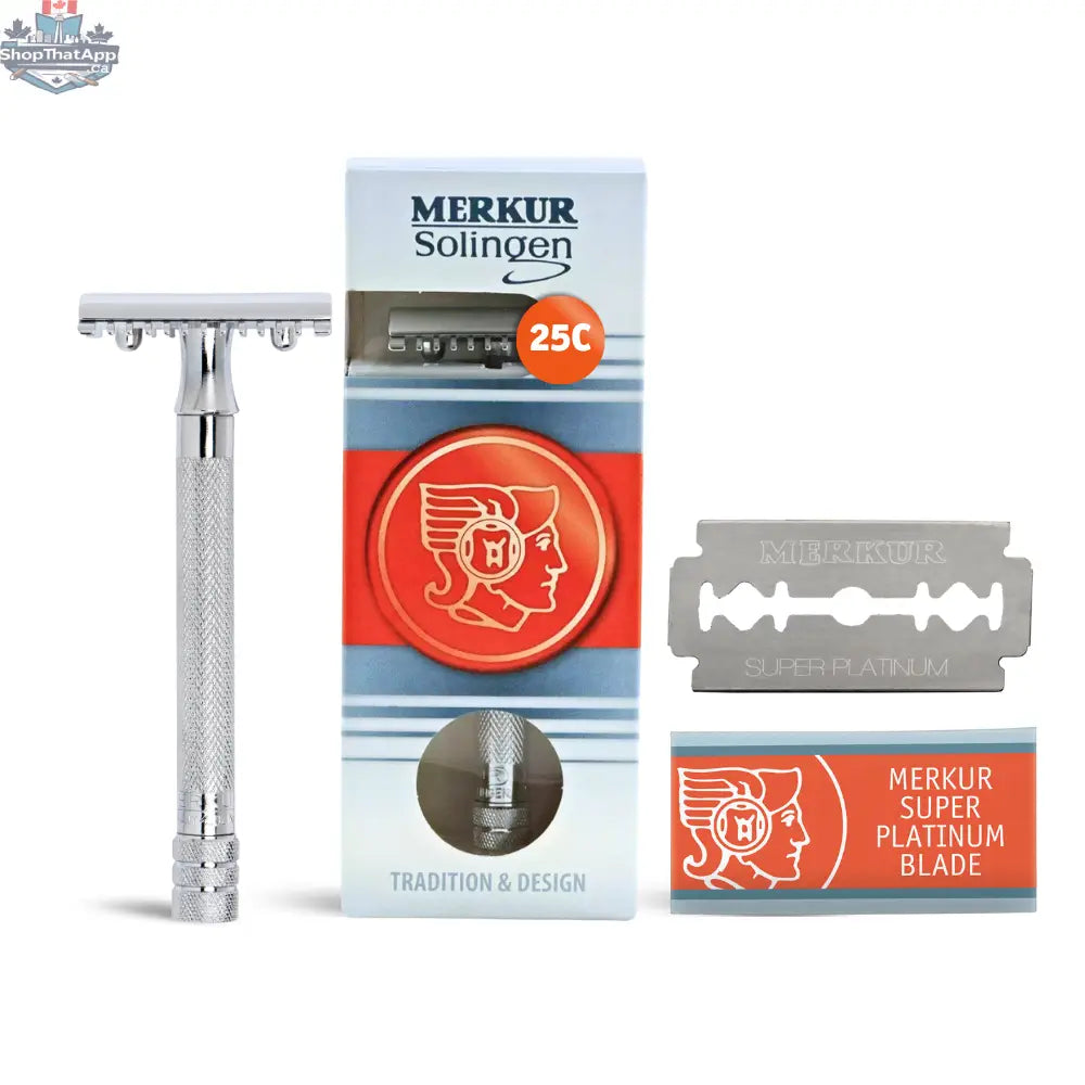 Merkur 25C Safety Razor - 3-Piece DE Open Tooth Comb with Knurled Extra Long Handle in Chrome - Shopthatapp.ca