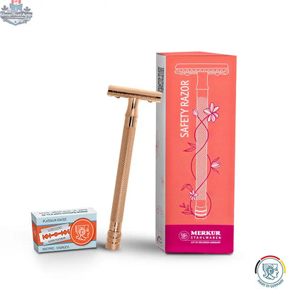 Merkur 3-Piece Ladies Safety Razor Rose Gold with Knurled Extra Long Handle in Pink Box - Shopthatapp.ca