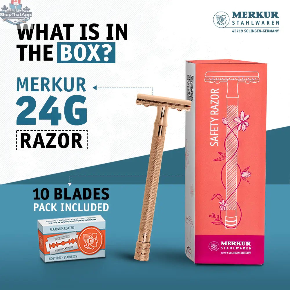 Merkur 3-Piece Ladies Safety Razor Rose Gold with Knurled Extra Long Handle in Pink Box - Shopthatapp.ca