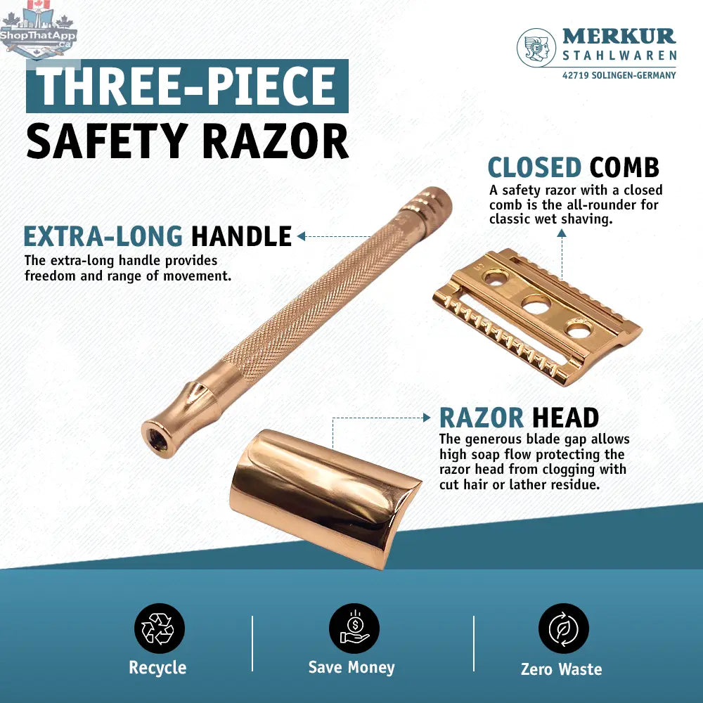 Merkur 3-Piece Ladies Safety Razor Rose Gold with Knurled Extra Long Handle in Pink Box - Shopthatapp.ca