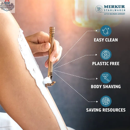 Merkur 3-Piece Ladies Safety Razor Rose Gold with Knurled Extra Long Handle in Pink Box - Shopthatapp.ca