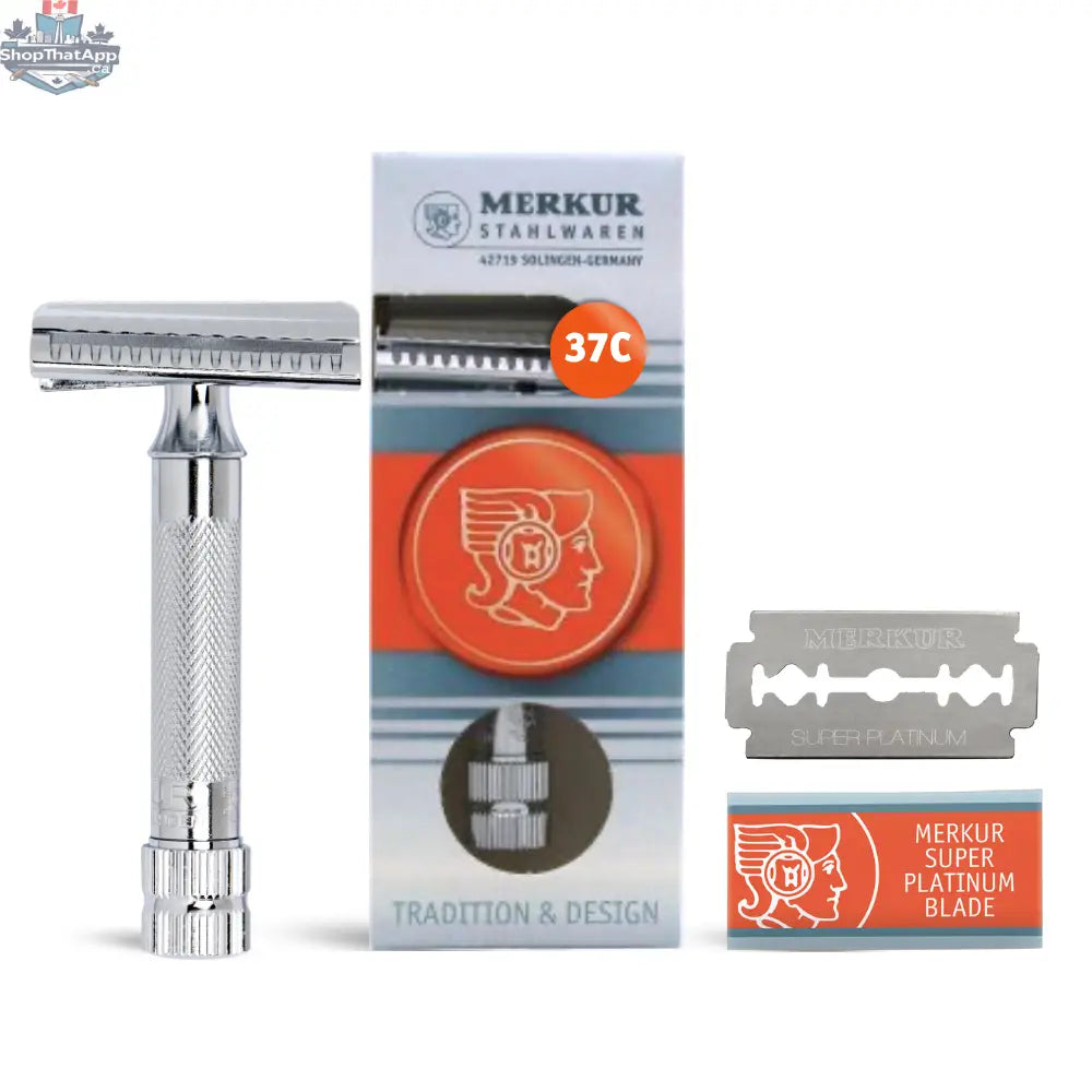Merkur 37C Slantbar Safety Razor with Knurled Extra Thick Handle, Chrome Finish - Shopthatapp.ca