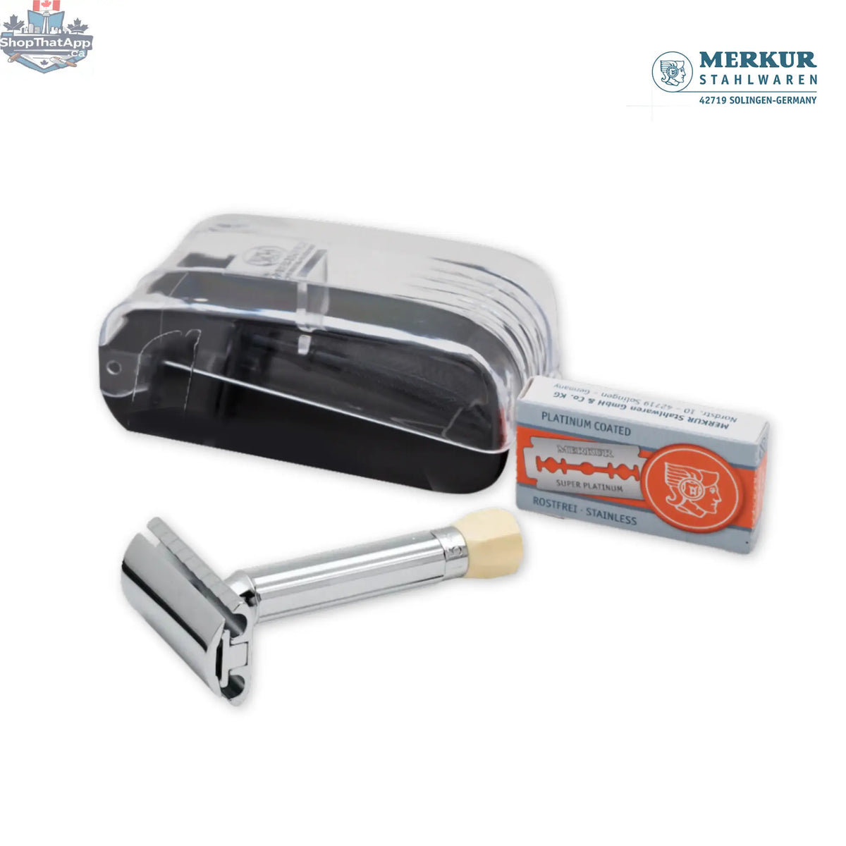 Merkur Adjustable Shaving Set - 3-Piece Kit with Progress Razor, Hard Case, and 10 Blades in Chrome - Shopthatapp.ca