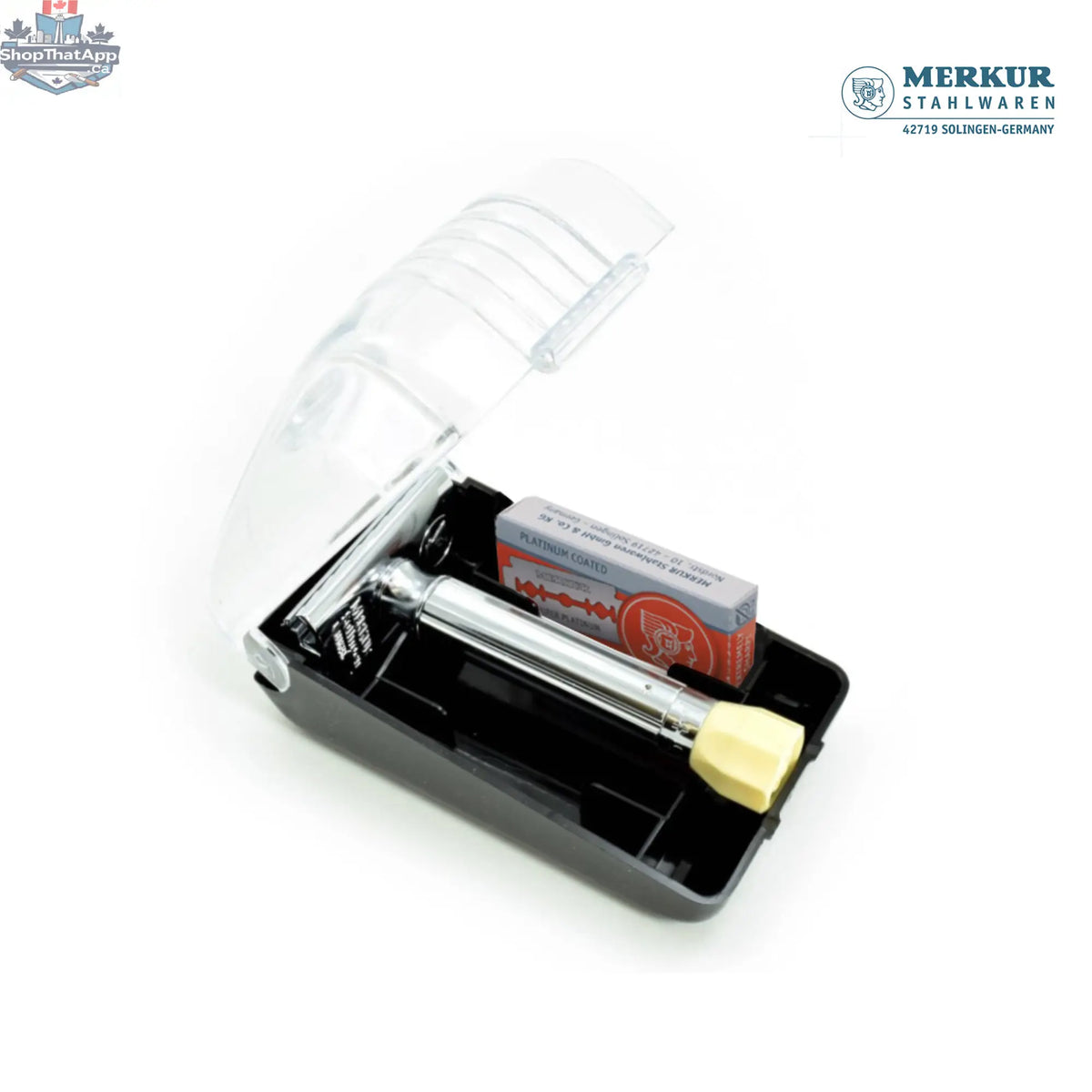 Merkur Adjustable Shaving Set - 3-Piece Kit with Progress Razor, Hard Case, and 10 Blades in Chrome - Shopthatapp.ca
