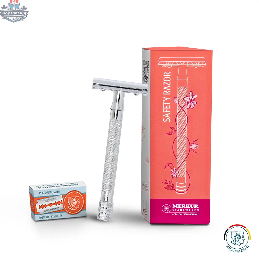 Merkur Ladies Safety Razor 3-Piece Set with Closed Comb, Knurled Extra Long Handle, Chrome Finish in Pink Box - Shopthatapp.ca