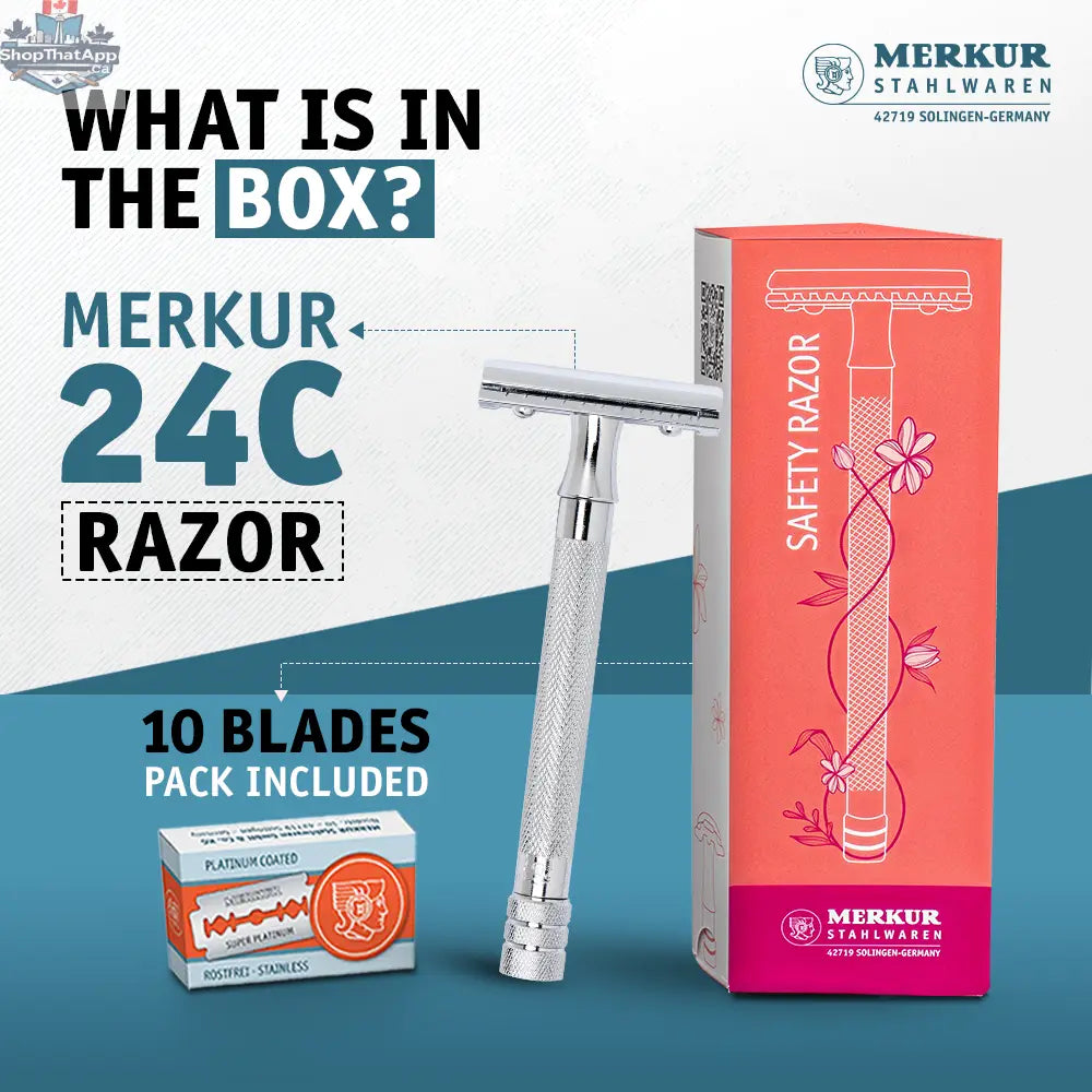 Merkur Ladies Safety Razor 3-Piece Set with Closed Comb, Knurled Extra Long Handle, Chrome Finish in Pink Box - Shopthatapp.ca
