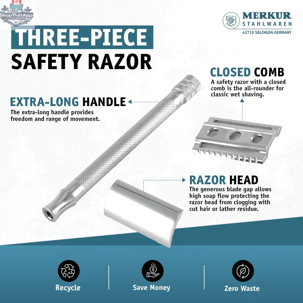 Merkur Ladies Safety Razor 3-Piece Set with Closed Comb, Knurled Extra Long Handle, Chrome Finish in Pink Box - Shopthatapp.ca