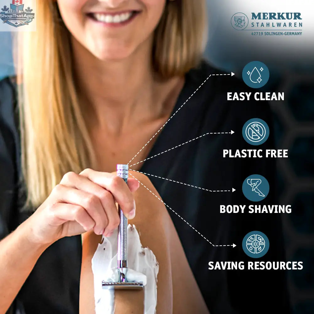 Merkur Ladies Safety Razor 3-Piece Set with Closed Comb, Knurled Extra Long Handle, Chrome Finish in Pink Box - Shopthatapp.ca
