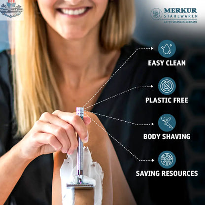 Merkur Ladies Safety Razor 3-Piece Set with Closed Comb, Knurled Extra Long Handle, Chrome Finish in Pink Box - Shopthatapp.ca