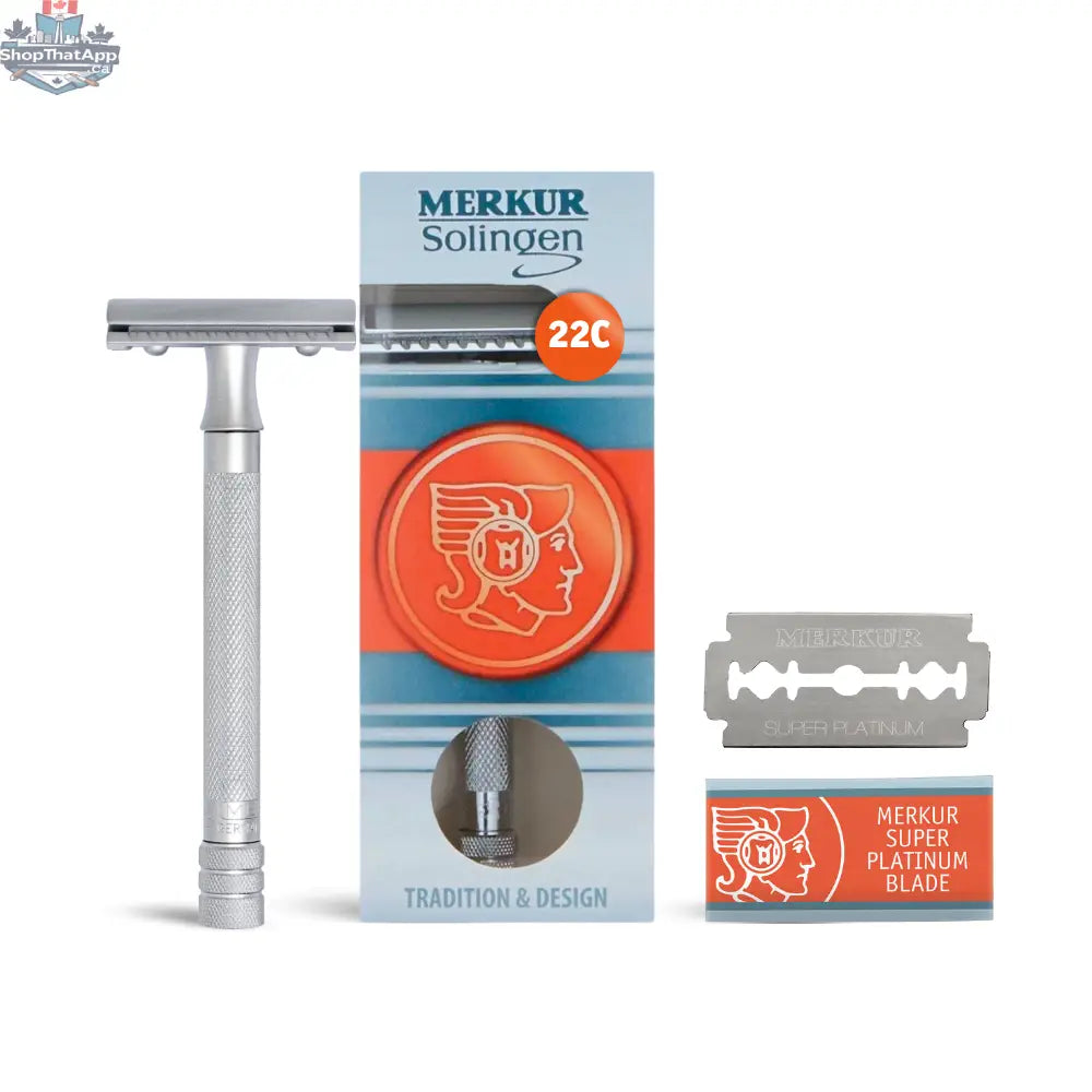 Merkur Safety Razor - 3-Piece DE with Closed Comb, Knurled Extra Long Handle in Matte Chrome - Shopthatapp.ca