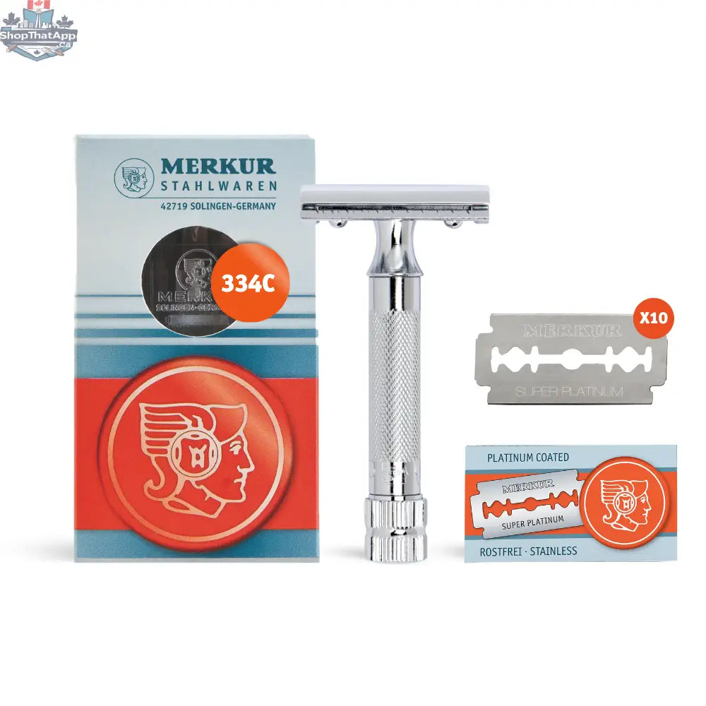Merkur 34C Safety Razor with Knurled Extra Thick Handle in Chrome - 2-Piece DE Razor Case with 10 Blades - Shopthatapp.ca