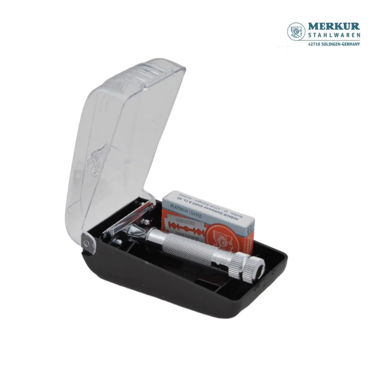 Merkur 34C Safety Razor with Knurled Extra Thick Handle in Chrome - 2-Piece DE Razor Case with 10 Blades - Shopthatapp.ca