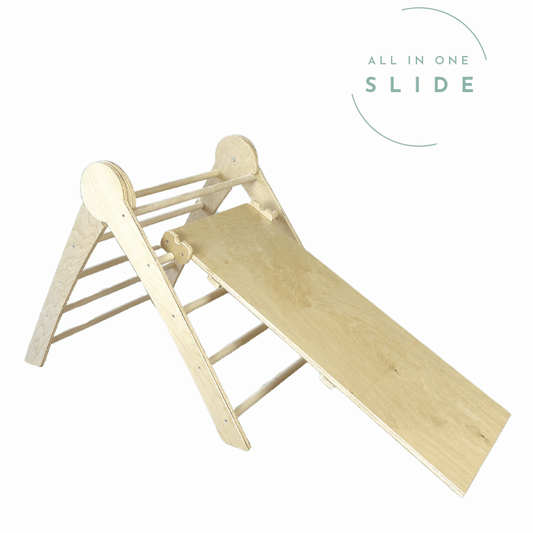 Wooden cranberry-colored Montessori climbing triangle for kids by Sapiens Child, featuring a slide and versatile play-furniture design.