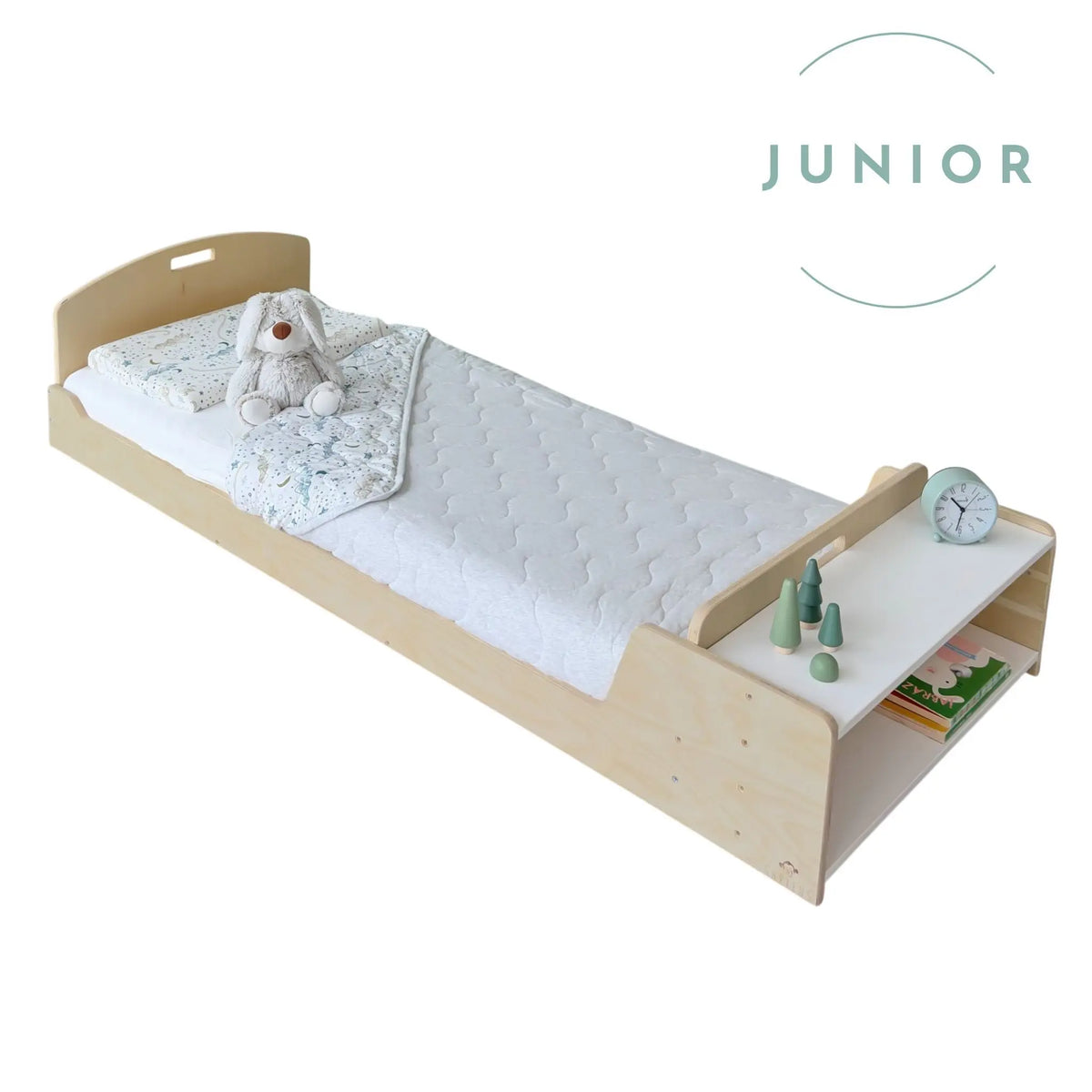 Birch Sapiens Child Montessori Junior Floor Bed for Kids with built-in shelves, safe and stylish furniture for toddlers.