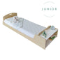 Birch Sapiens Child Montessori Junior Floor Bed for Kids with built-in shelves, safe and stylish furniture for toddlers.
