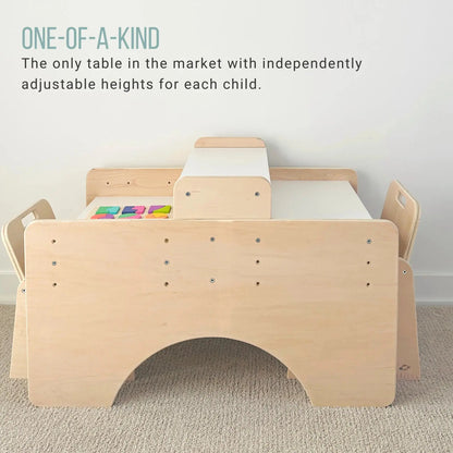 Sapiens Child PAPAYA DOUBLE Montessori toddler table and chair set, adjustable furniture for two kids in a bright, child-friendly room.