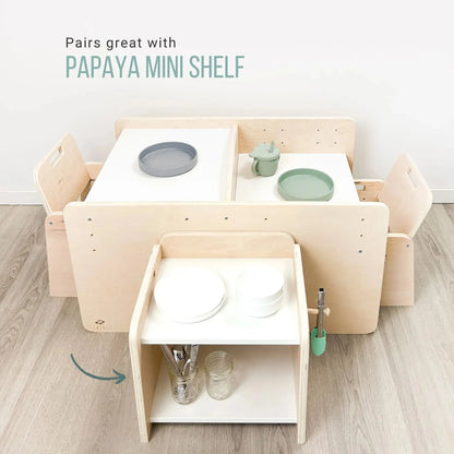 Sapiens Child PAPAYA DOUBLE Montessori toddler table and chair set with adjustable height and shelf, suitable for two children.