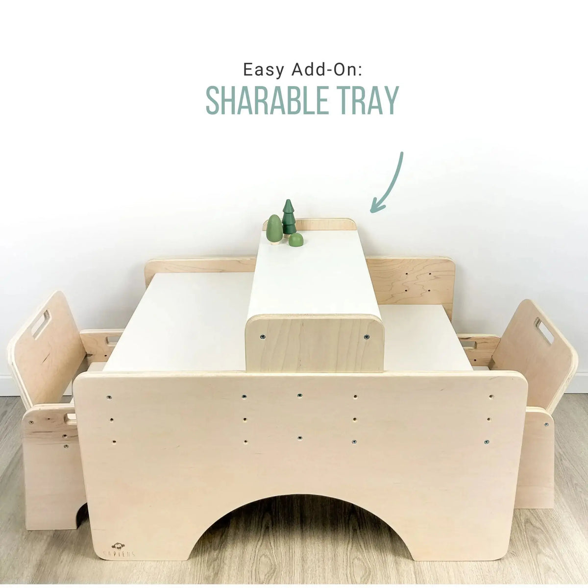 Papaya Double Montessori table and chair set by Sapiens Child, adjustable furniture for toddlers with two seats and a wooden finish.