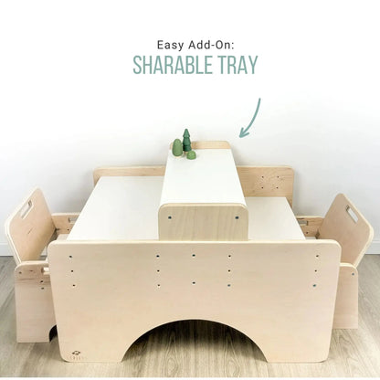 Papaya Double Montessori table and chair set by Sapiens Child, adjustable furniture for toddlers with two seats and a wooden finish.