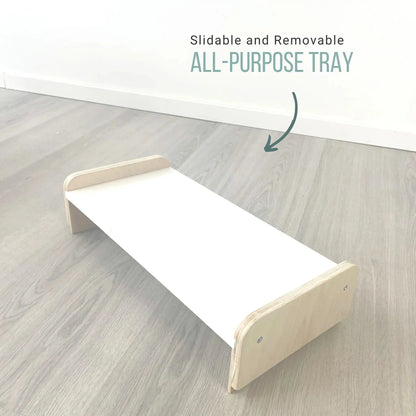 Sapiens Child PAPAYA DOUBLE Montessori toddler table and chair set with adjustable height, shared tray, and shelf for two children.