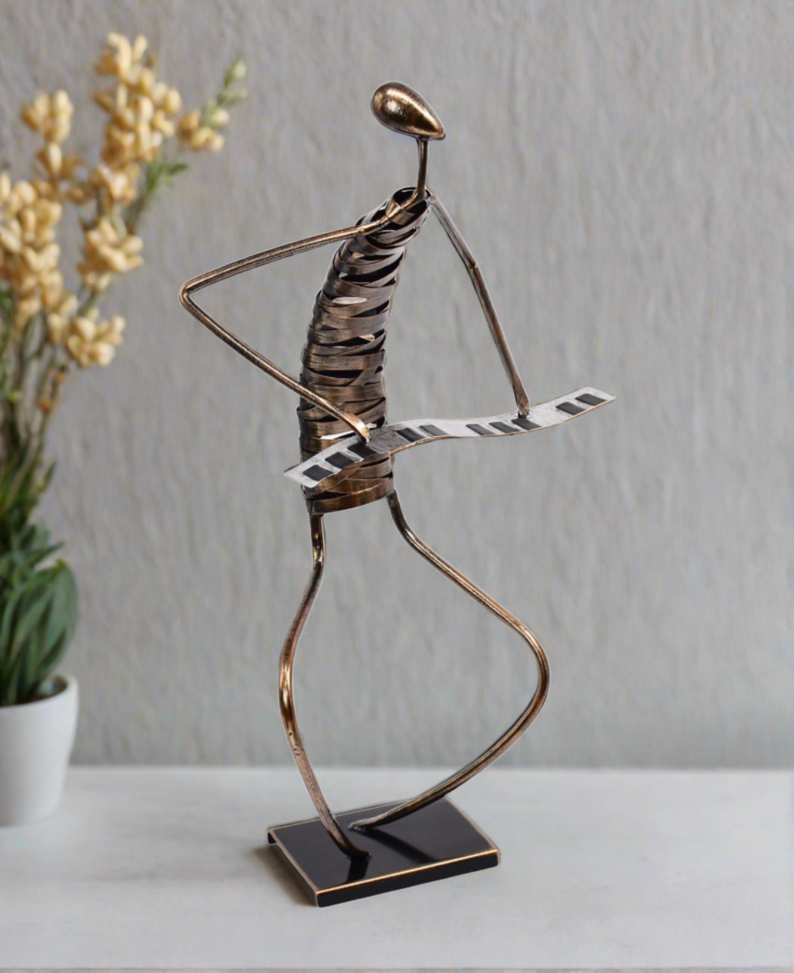 Handmade Bronze Piano Player Sculpture – 25-Inch Brushed Bronze Pianist Art