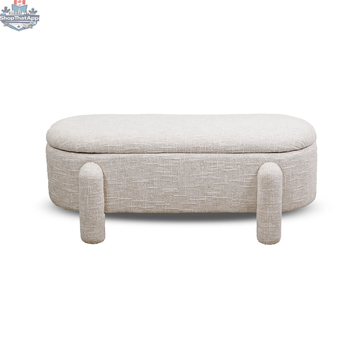 Cream textured fabric Hygge Design House Selva Storage Bench showing a stylish, versatile bench with built-in storage and soft cushioning.