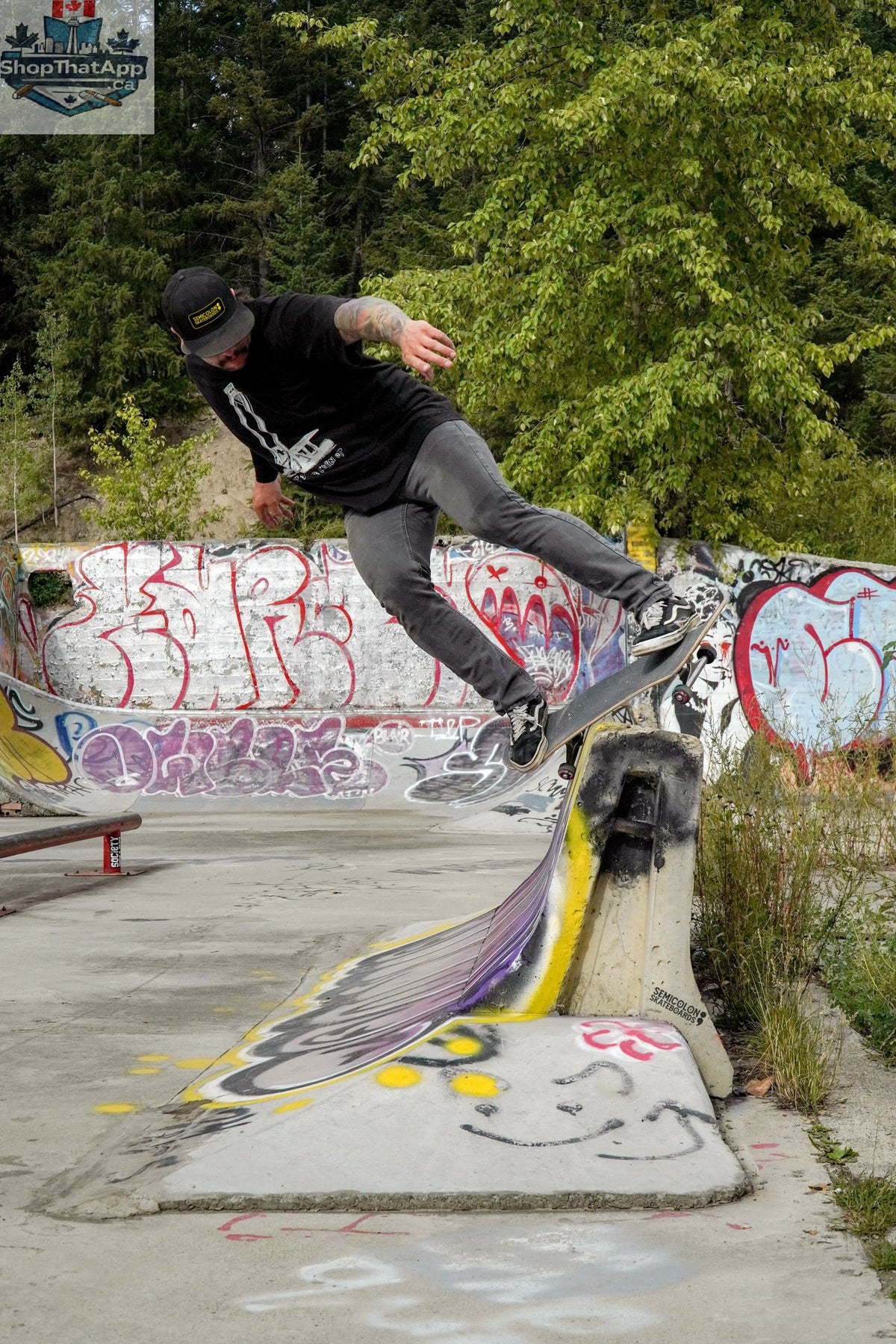 Semicolon Skateboards trucker hat with structured crown and curved brim, featuring a stylish design and adjustable snapback closure.