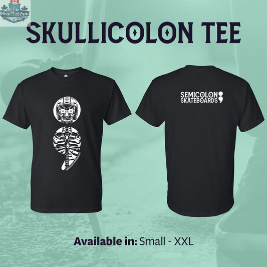 Unisex graphic T-shirt featuring Skulliicolon design by Semicolon Skateboards, casual style with bold skull and skateboard graphic.