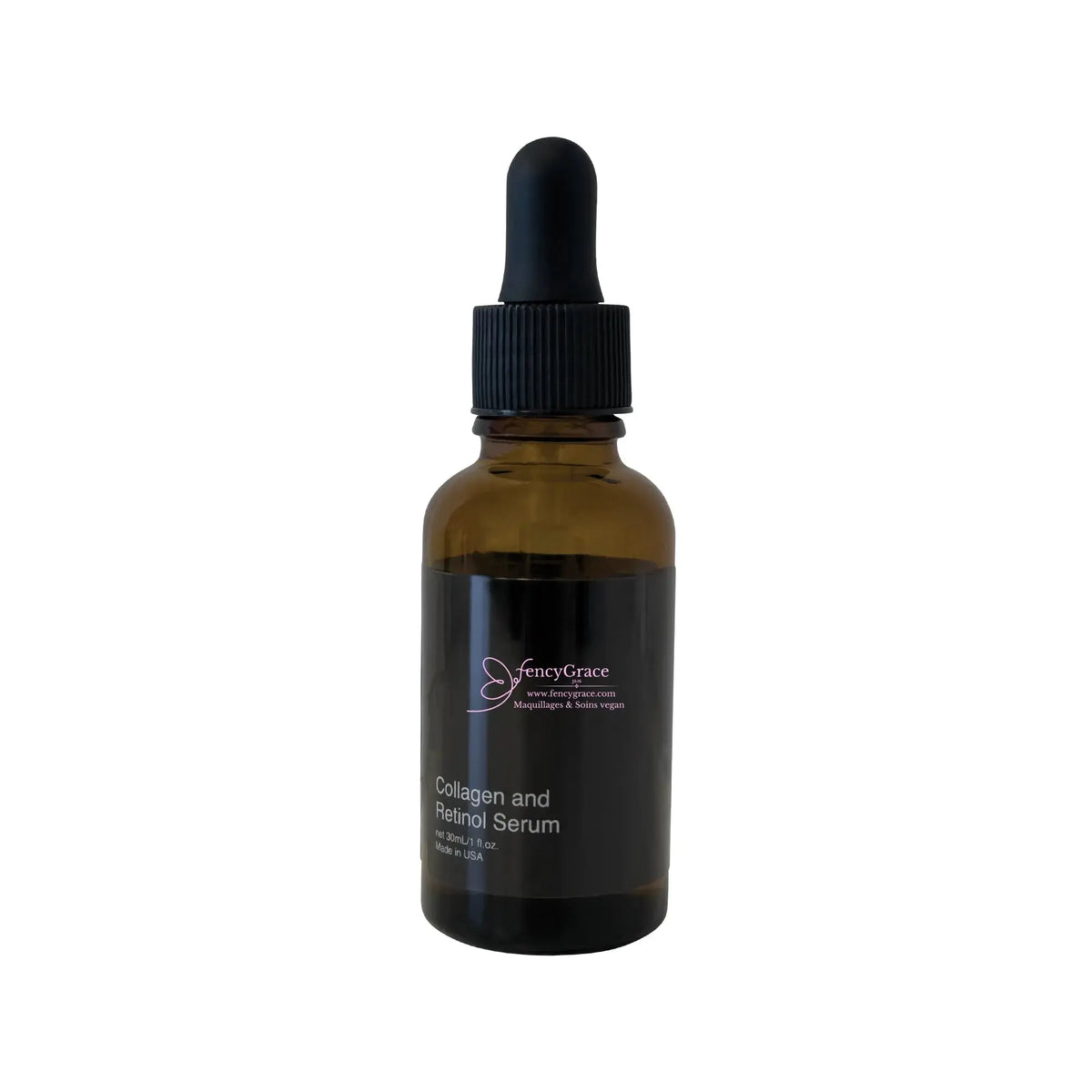 FencyGrace collagen and retinol anti-aging serum for firmness and glow, vegan luxury beauty product with sleek bottle design.