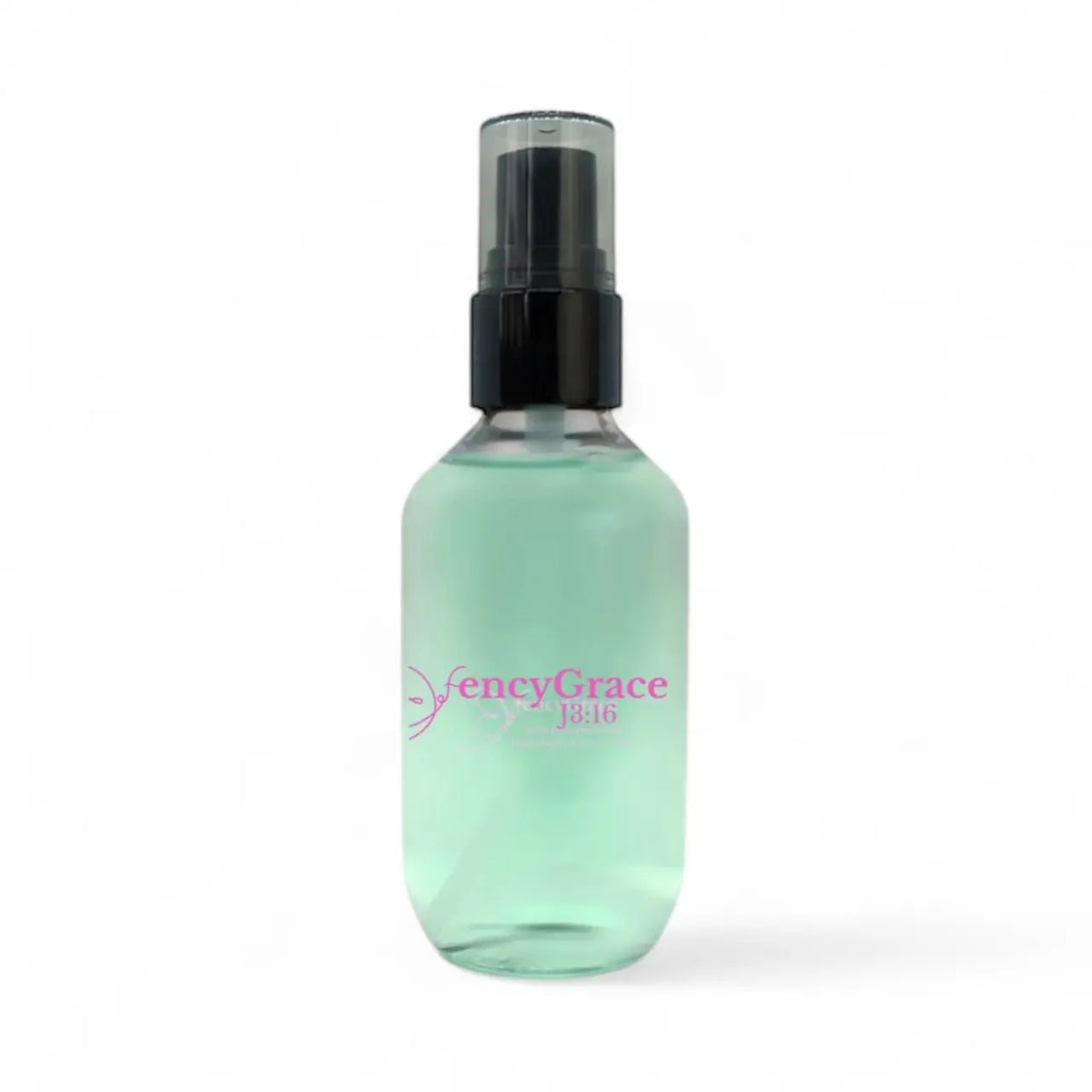FencyGrace vegan setting spray with long-lasting hold and natural finish, shown in a clear spray bottle with a white label.