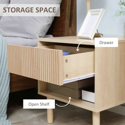 Laura modern bedside table with drawer and open shelf in natural wood, bedroom furniture by SLOTH Nation.