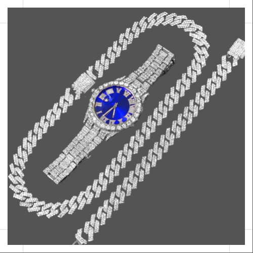 Elevate Your Style with Our 14mm Cuban Link Chain Bracelet and Blue Face Watch