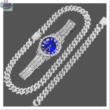 Elevate Your Style with Our 14mm Cuban Link Chain Bracelet and Blue Face Watch - Shopthatapp.ca