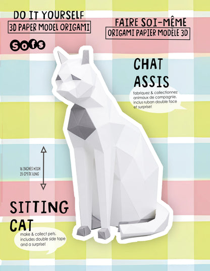 DIY Sofs Lifestyle Cat Origami Kit showing a 3D sitting paper cat craft, with folded paper details and creative design.